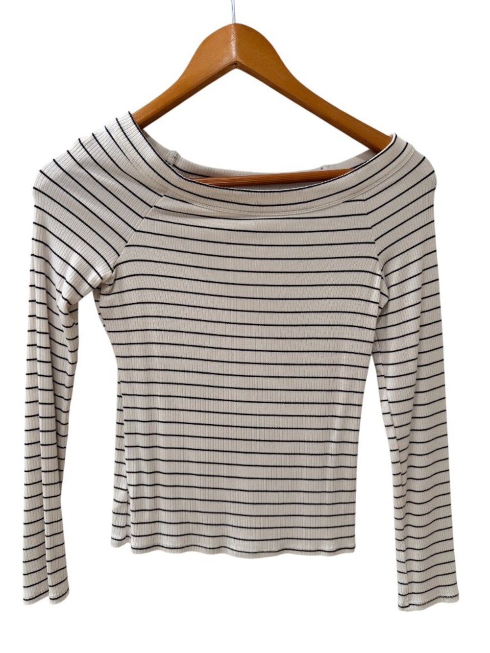 LOFT Off Shoulder Striped Ribbed Top White Black Size S